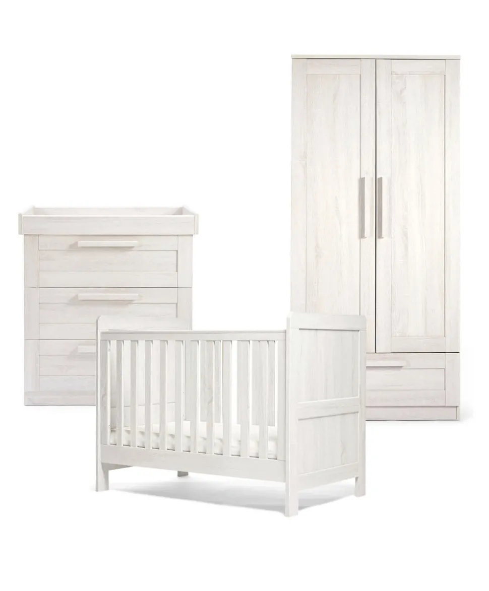 Atlas 3 Piece Convertible Cot Range with Dresser Changer & Wardrobe - White