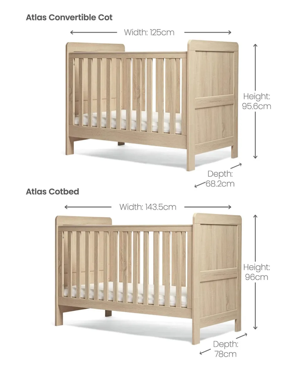 Atlas Convertible Cot Bundle with Essential Airflow Pocket Spring Cot Mattress - Oak