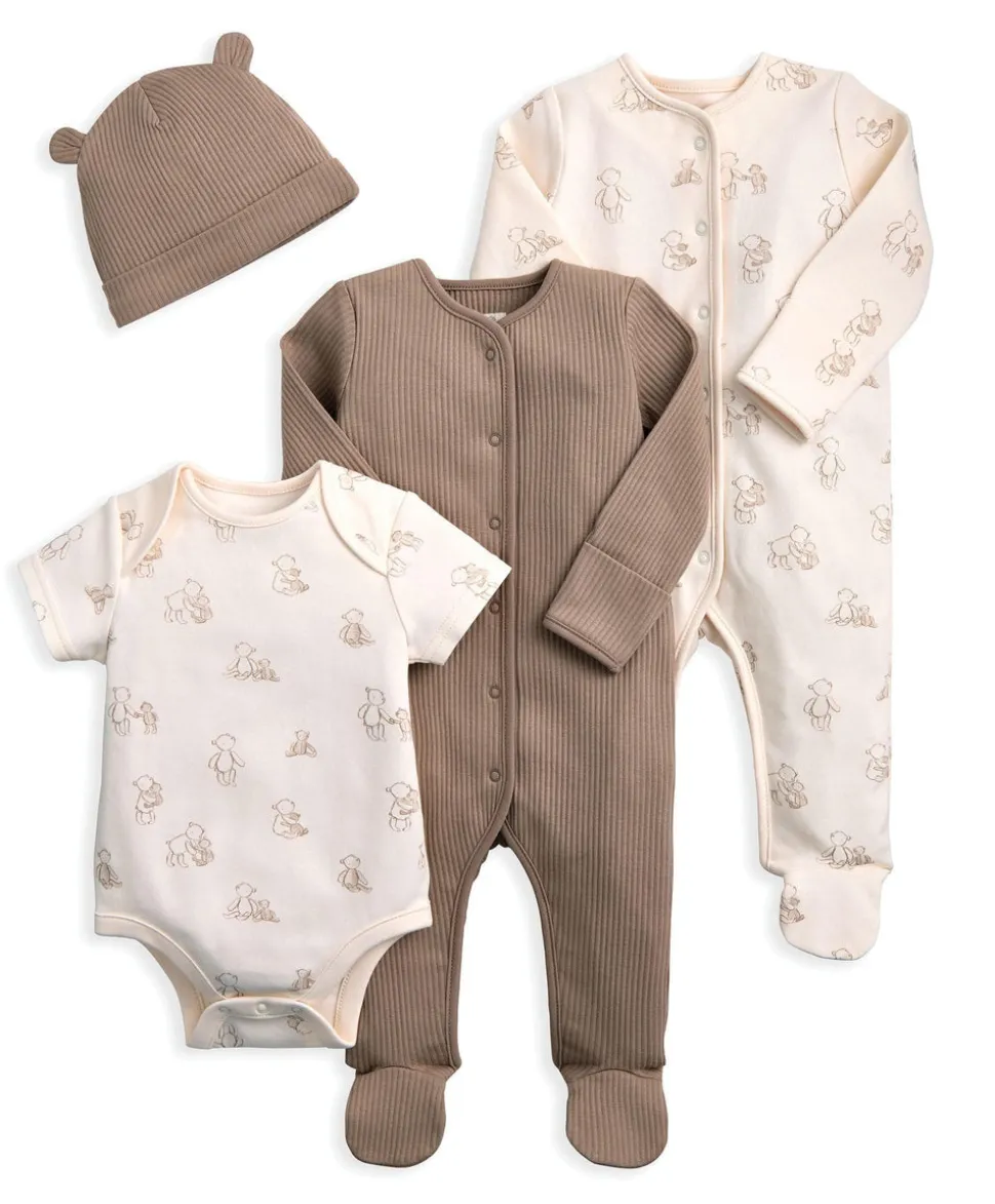 Bear Print All In Ones Bodysuit & Hat Set (4 Pieces)