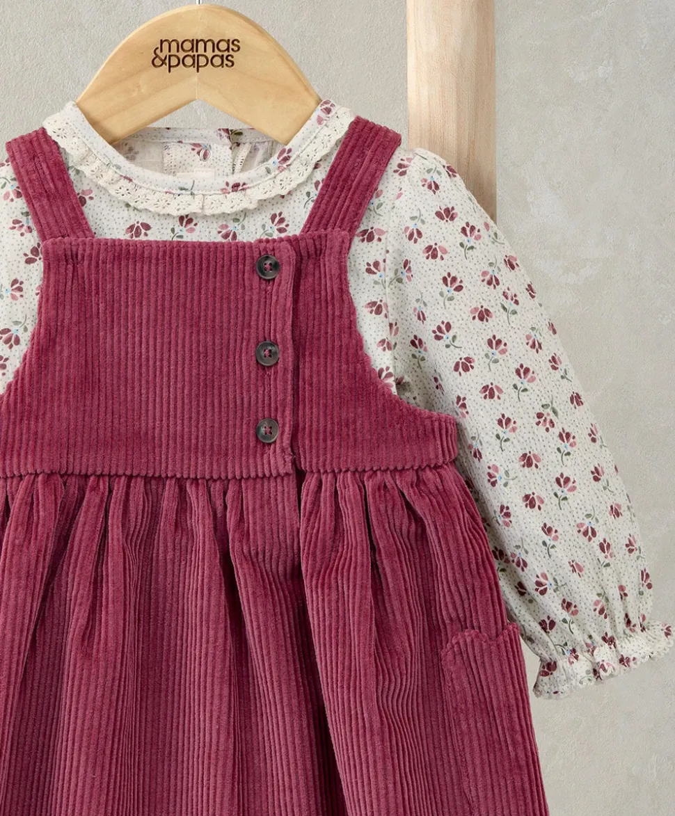 Cord Pinny Dress & Floral Bodysuit Set (2 Pieces)