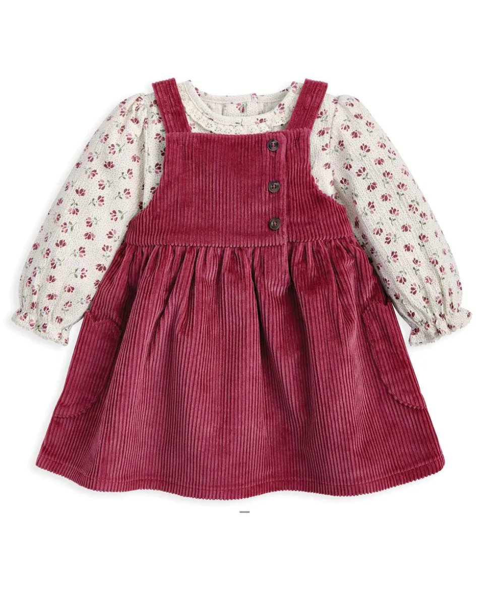 Cord Pinny Dress & Floral Bodysuit Set (2 Pieces)