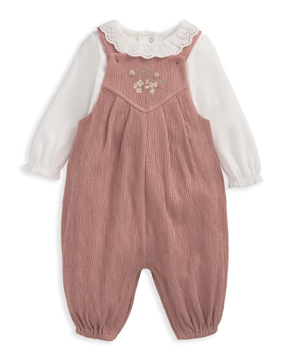 Crinkle Dungarees & Bodysuit Outfit Set - Pink
