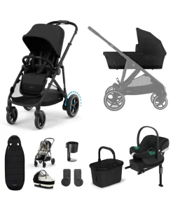 Cybex e-Gazelle S Electric Single to Double Pushchair Bundle with Cybex Aton B2 i-Size Car Seat and Base (6 Pieces) – Black