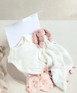 Embroidered Bodysuit & Floral Leggings Set (2 Pieces) & Pink Bunny Comforter Gift Box