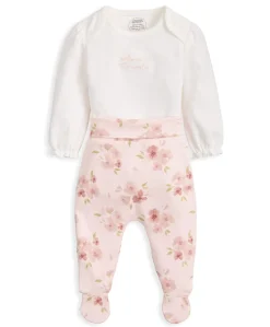 Embroidered Bodysuit & Floral Leggings Set (2 Pieces) & Pink Bunny Comforter Gift Box