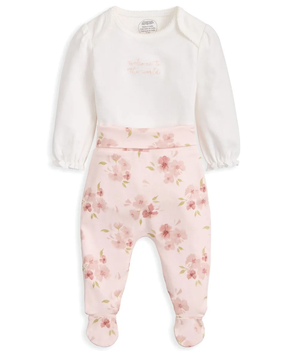 Embroidered Bodysuit & Floral Leggings Set (2 Pieces) & Pink Bunny Comforter Gift Box