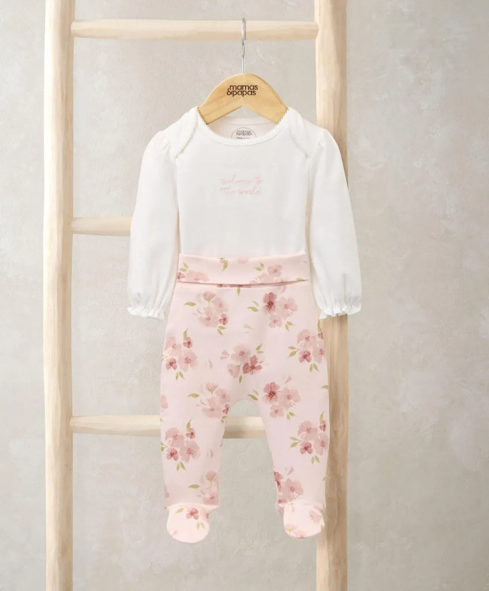 Embroidered Bodysuit & Floral Leggings Set (2 Pieces) - Pink