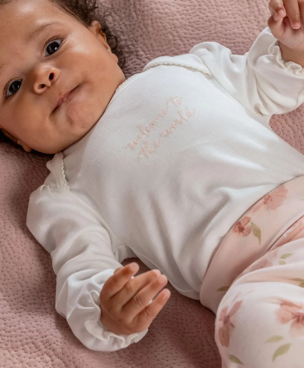 Embroidered Bodysuit & Floral Leggings Set (2 Pieces) - Pink