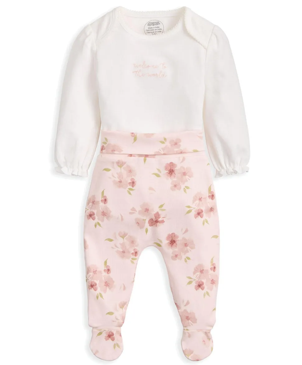 Embroidered Bodysuit & Floral Leggings Set (2 Pieces) - Pink