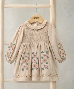 Embroidered Cord Dress with Frill Neck & Smocked Yoke