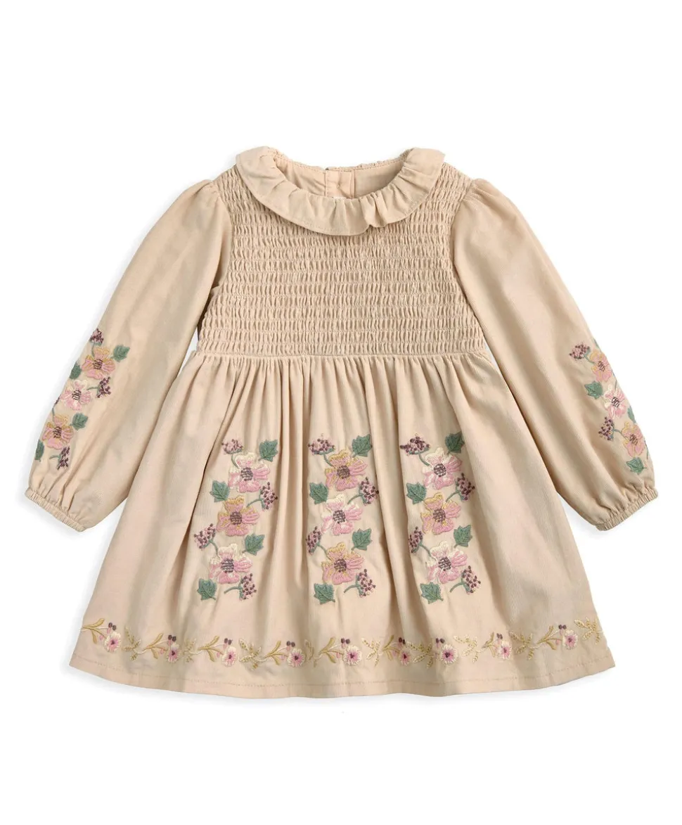 Embroidered Cord Dress with Frill Neck & Smocked Yoke