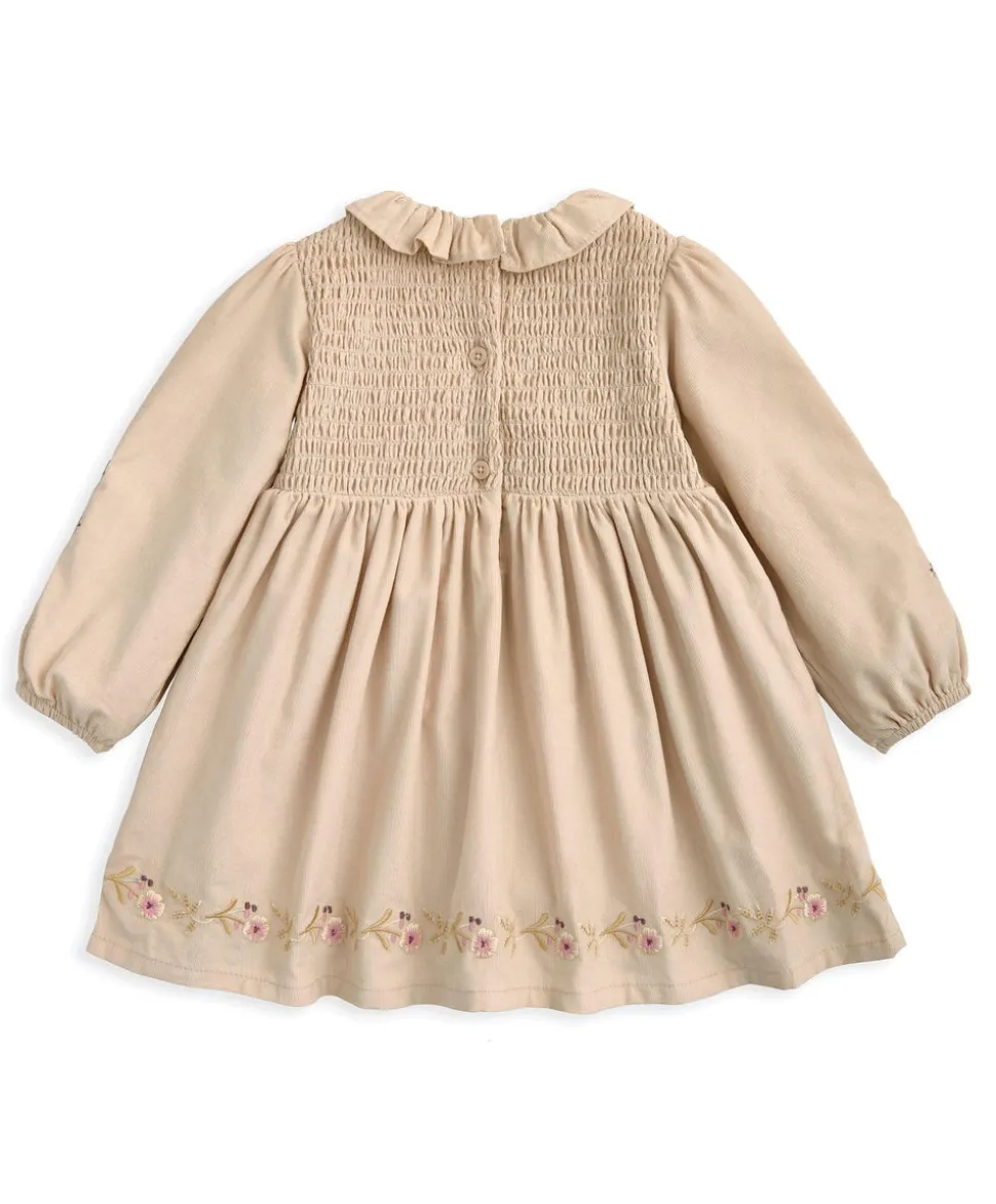 Embroidered Cord Dress with Frill Neck & Smocked Yoke