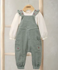 Embroidered Cord Dungarees & Bodysuit Set (2 Pieces) - Green