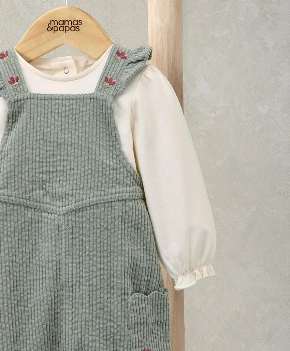 Embroidered Cord Dungarees & Bodysuit Set (2 Pieces) - Green