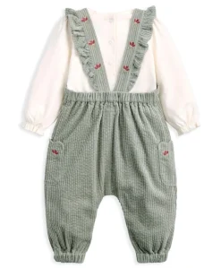 Embroidered Cord Dungarees & Bodysuit Set (2 Pieces) - Green