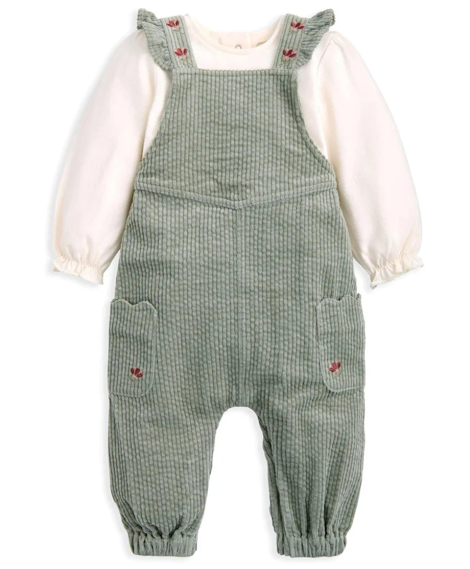 Embroidered Cord Dungarees & Bodysuit Set (2 Pieces) - Green