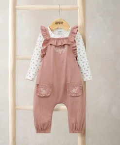 Embroidered Dungarees & Bodysuit Set (2 Pieces) - Pink