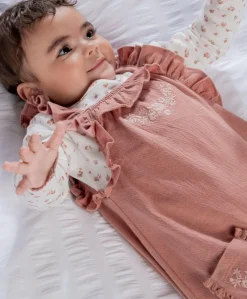 Embroidered Dungarees & Bodysuit Set (2 Pieces) - Pink