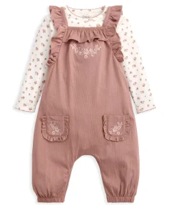 Embroidered Dungarees & Bodysuit Set (2 Pieces) - Pink