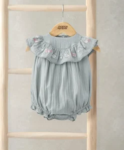 Embroidered Frill Short Sleeve Romper - Green