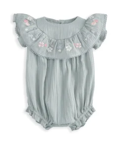Embroidered Frill Short Sleeve Romper - Green