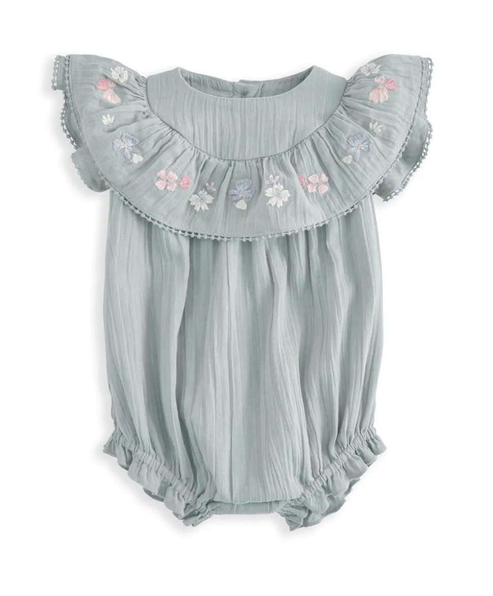 Embroidered Frill Short Sleeve Romper - Green