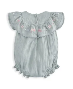 Embroidered Frill Short Sleeve Romper - Green