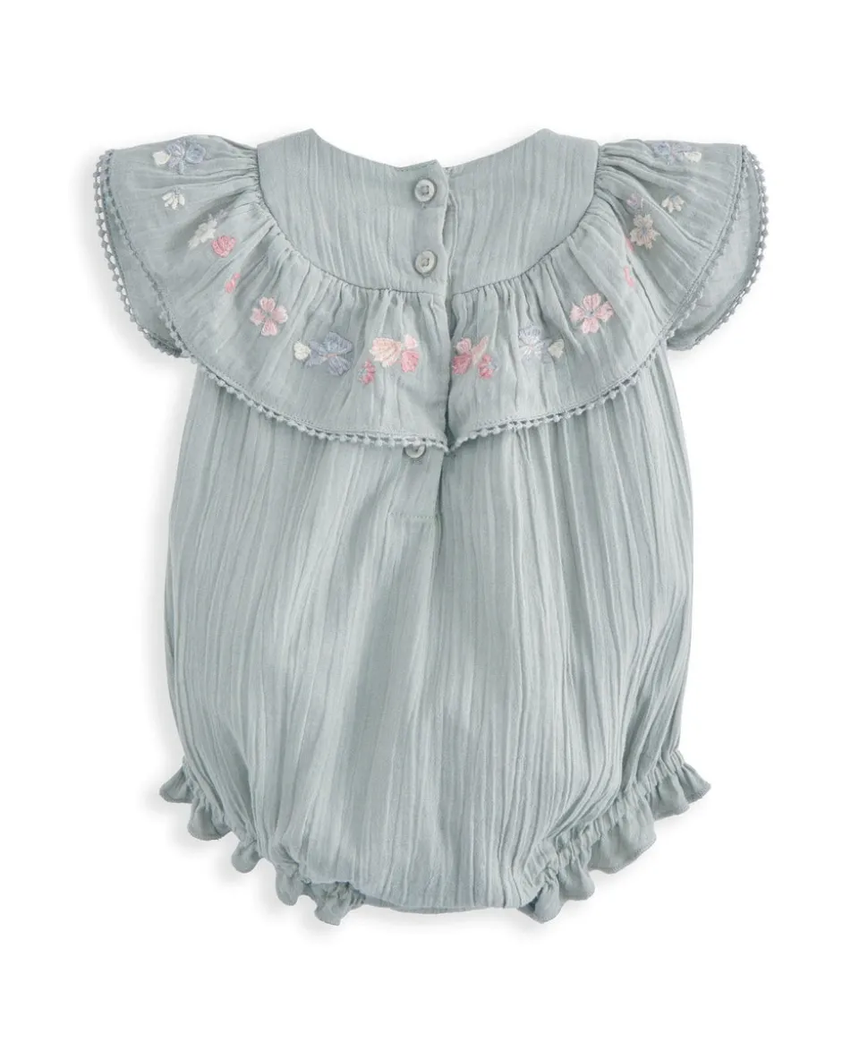 Embroidered Frill Short Sleeve Romper - Green