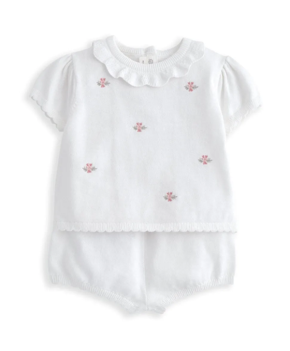 Embroidered Knit Top & Shorts Set (2 Pieces) - White