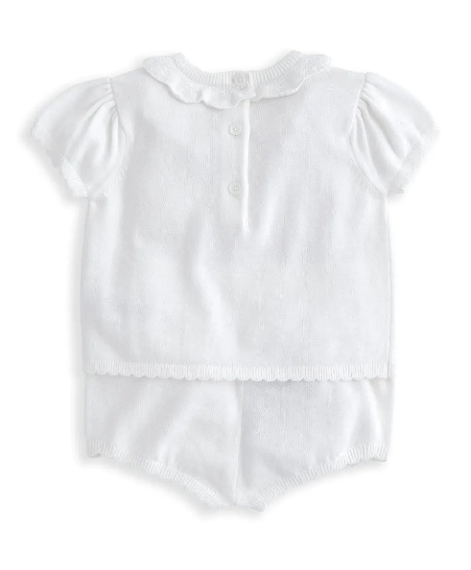 Embroidered Knit Top & Shorts Set (2 Pieces) - White