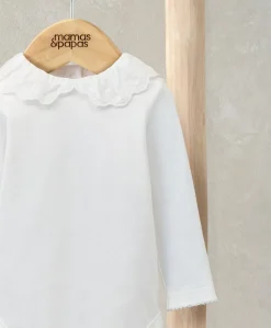 Embroidered Peter Pan Collar Bodysuit - White