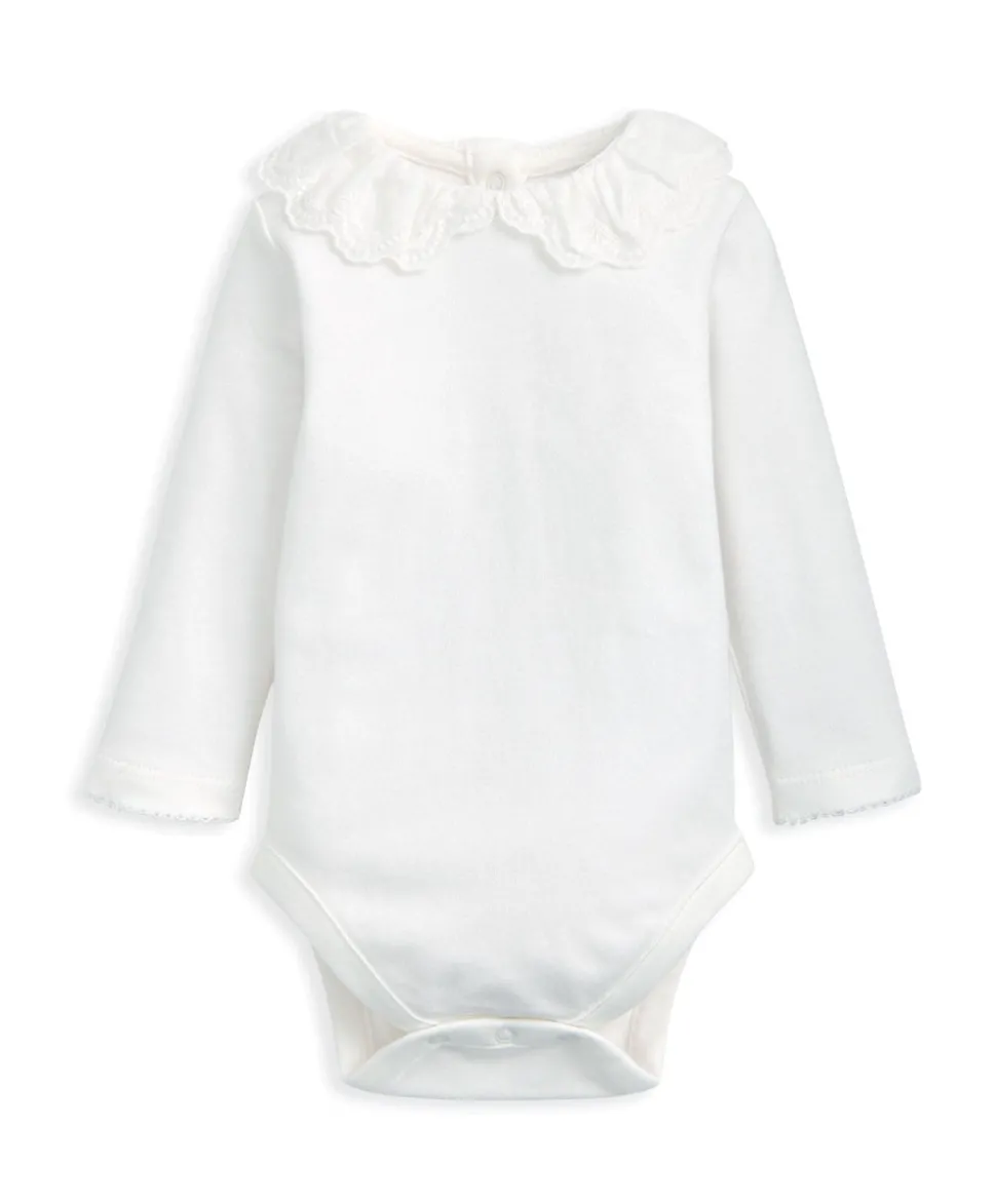 Embroidered Peter Pan Collar Bodysuit - White