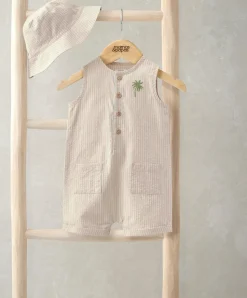 Embroidered Romper & Bucket Hat Set (2 Pieces) - Orange