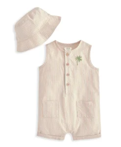 Embroidered Romper & Bucket Hat Set (2 Pieces) - Orange