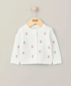 Floral Embroidered Knit Cardigan - White