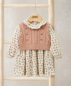 Floral Frill Collar Dress & Embroidered Knit Vest Set (2 Pieces)