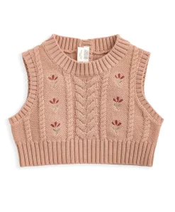 Floral Frill Collar Dress & Embroidered Knit Vest Set (2 Pieces)