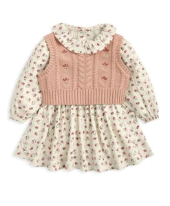 Floral Frill Collar Dress & Embroidered Knit Vest Set (2 Pieces)