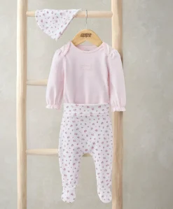 Frill Cuff Bodysuit, Leggings & Hat Set (3 Pieces) - Ditsy Rose Print