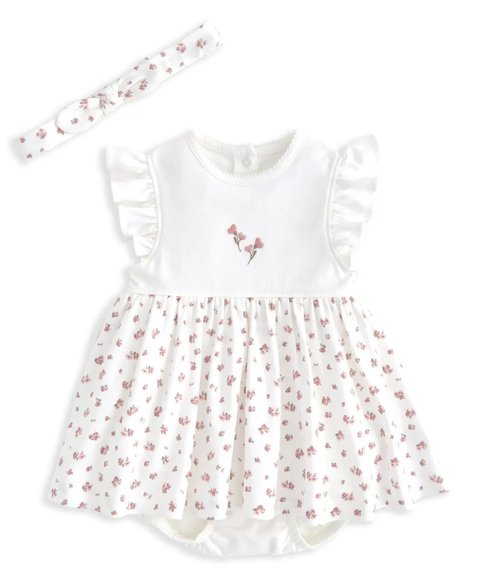 Frill Sleeve Dress & Bow Headband Set (2 Pieces) - Ditsy Rose Print