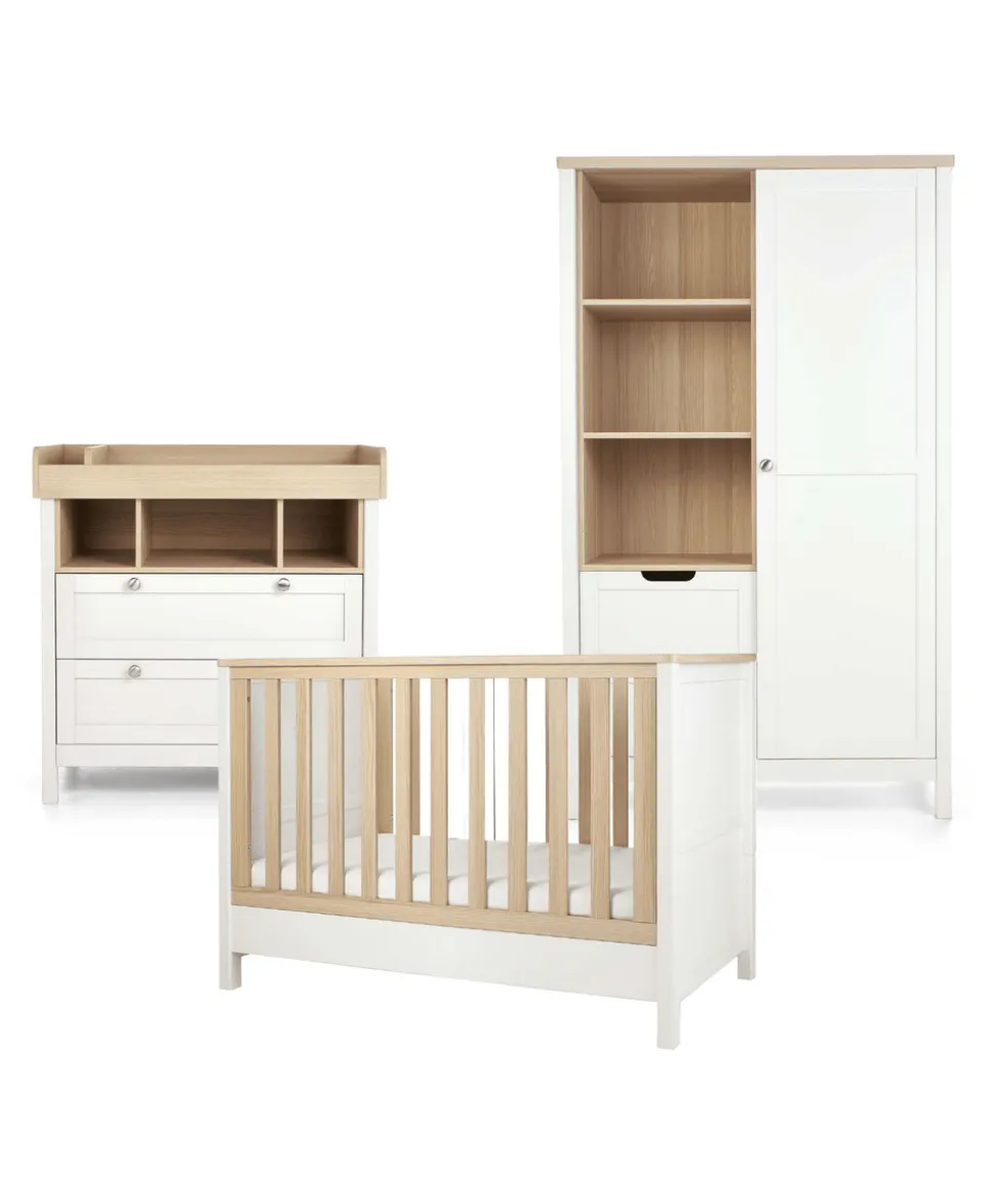 Harwell 3 Piece Convertible Cot Range with Dresser Changer & Wardrobe - White/Natural