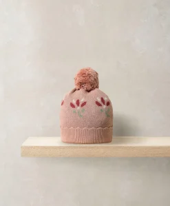 Jacquard Floral Knit Hat & Pom Pom