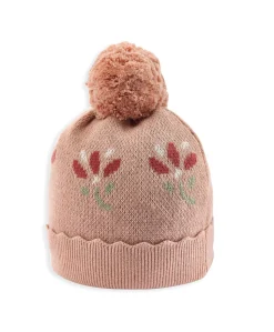 Jacquard Floral Knit Hat & Pom Pom