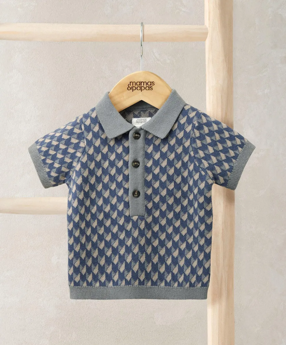 Jacquard Knit Polo Shirt with Button Placket - Blue
