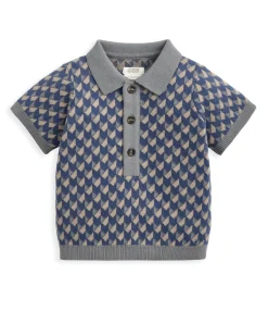 Jacquard Knit Polo Shirt with Button Placket - Blue