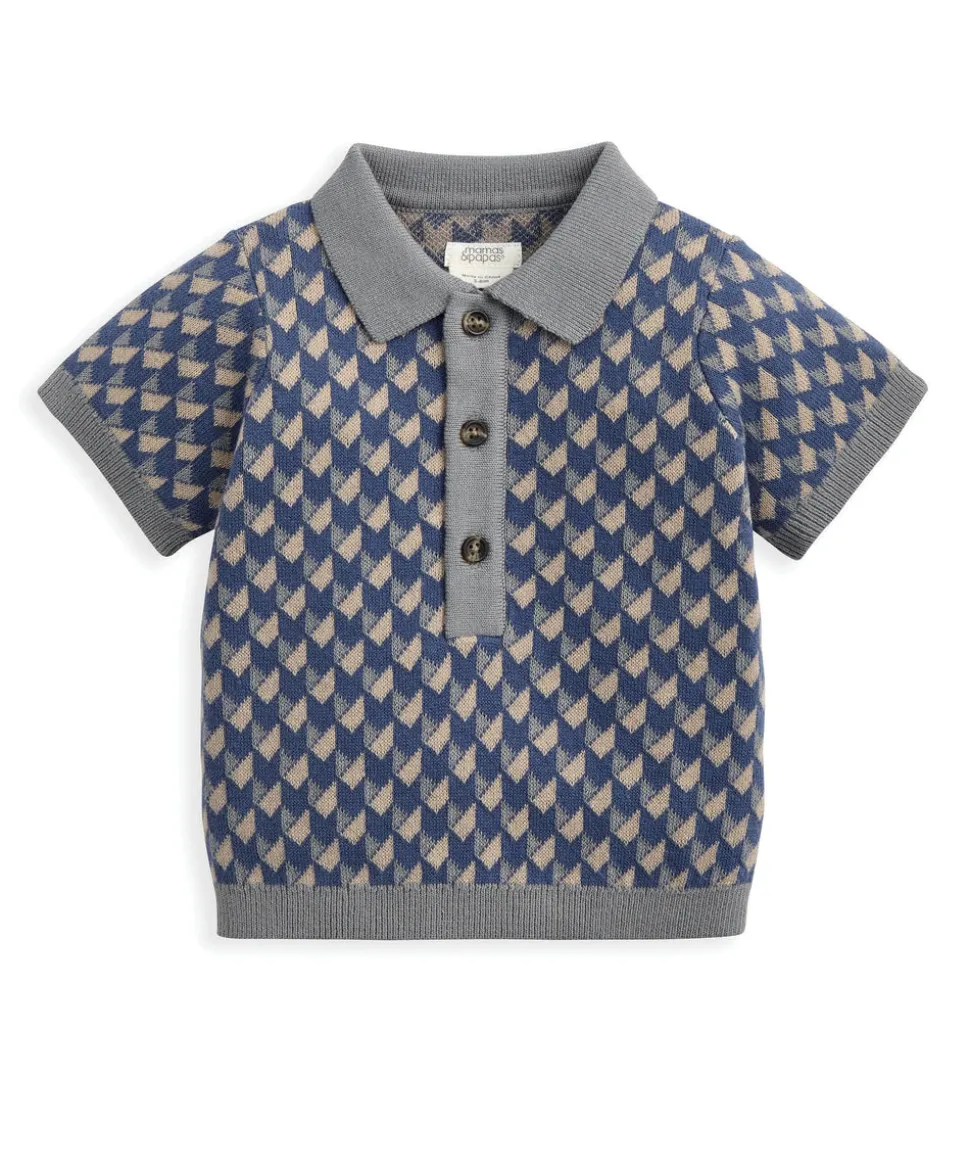 Jacquard Knit Polo Shirt with Button Placket - Blue
