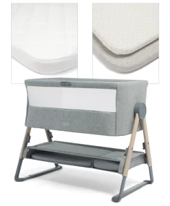 Lua Bedside Crib and Sheet Bundle - Grey Star/Grey Stripe