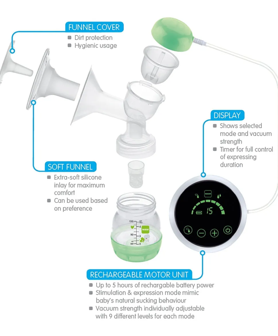 MAM Baby 2-in-1 Electric Single Breast Pump with Rechargeable Battery