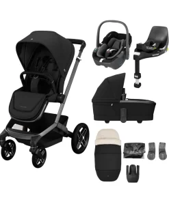Maxi Cosi Fame Complete Pushchair Bundle with Pebble 360 Car Seat & Base – Black with Black Wheels