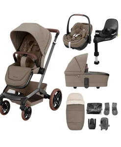 Maxi Cosi Fame Pushchair Bundle with Pebble 360 Pro² Car Seat (7 Pieces)- Truffle with Brown Wheels